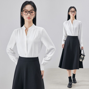 White Long Sleeve Shirt Women V Neck Solid Color Poplin Work Blouse Spring Autumn Formal Wear - Product Image 1