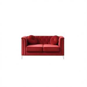 Elegante Divanetto in Velluto Bordeaux con Braccioli Inclinati, Schienale Trapuntato e Gambe in Metallo, Divano a Due Posti per Soggiorno - Product Image 1