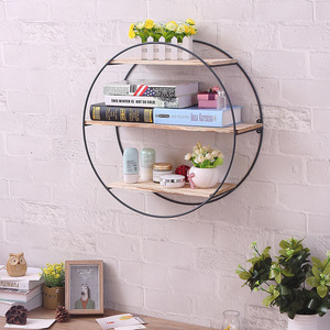 Étagère murale géométrique ronde en fer forgé - Étagère flottante rustique en bois à plusieurs niveaux pour l'organisation de la maison - Product Image 6