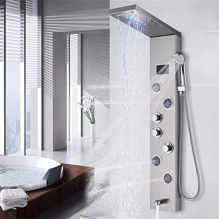LED Light Shower Panel Waterfall Rain Shower Faucet Set SPA Massage Jet Bath Shower Column Mixer Tap Tower