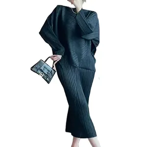 Miyake Pleated Dress 2024 Spring Summer New Irregular Pleated Batwing Sleeve Temperament Fashion Elegant Slim Holiday Free Size