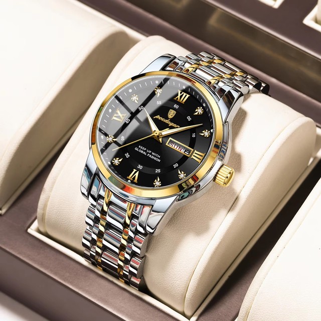 POEDAGAR 936 Gold Dial Design Fashion Round Shape Quartz Watch Waterproof Men's Dual Calendar Date Display Wrist Watch for Male