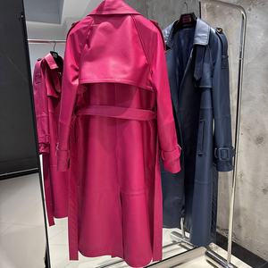 معاطف طويلة من الجلد للسيدات عالية الجودة للربيع ، معطف خندق جلدي أنيق للنساء مع حزام جاكيت جلد كحلي - Product Image 5