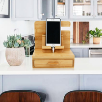 Desktop Pemegang Pena Ponsel Dompet Berdiri Pemegang Kunci Kayu Bambu Docking Ponsel Stasiun Buatan Tangan dengan Laci