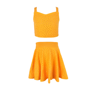 Conjuntos <span class=keywords><strong>de</strong></span> Ropa para Niñas, Top Corto con Pedrería y Falda Acampanada para Verano, Traje <span class=keywords><strong>de</strong></span> Baile <span class=keywords><strong>de</strong></span> 2 Piezas en Amarillo para Niñas Pequeñas <span class=keywords><strong>de</strong></span> 4 a 14 Años - Product Image 2