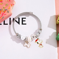 Bracelet ouvert réglable en acier inoxydable plaqué PVD, anti-allergie, étanche, avec motif Snoopy mignon en cristal, pour femmes, B156T