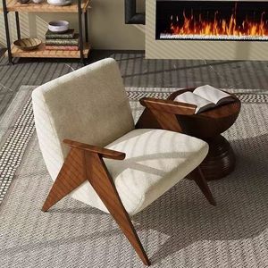 Fauteuil simple vert rétro nordique en chenille, style décontracté, bois massif, mobilier de salon de luxe léger - Product Image 6