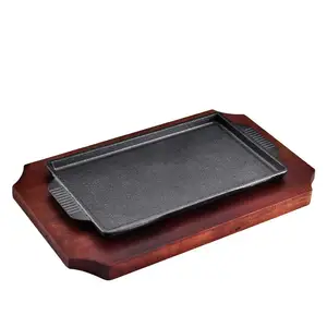 Plancha de parrilla de barbacoa rectangular de hierro fundido de alta calidad con bandeja de madera