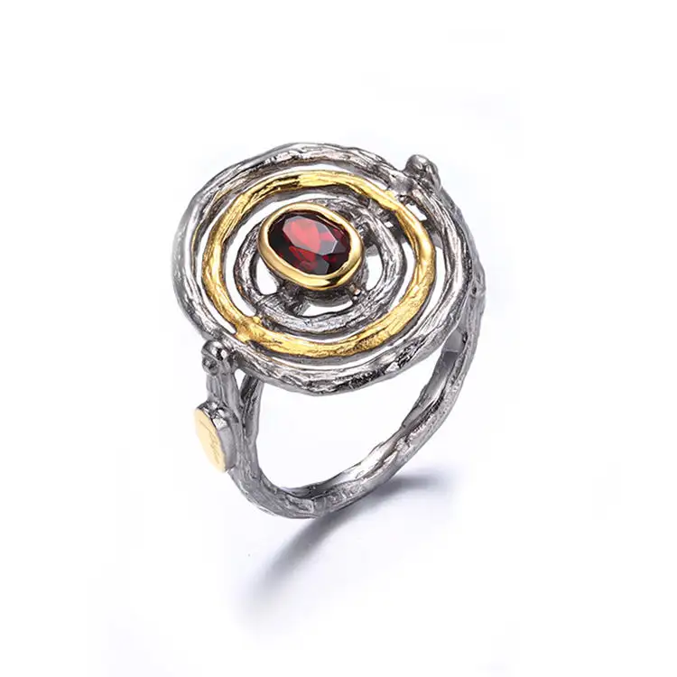 גרנט 925 כסף סטרלינג טבעת תבואה קליפה מעגל עיצוב אדום עם זהב מצופה בציר מושלם כסף טבעת