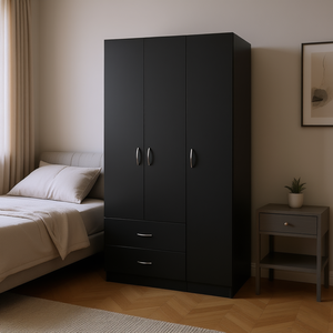 Armadio Austral a 3 ante nero con cassetti e asta appendiabiti per camera da letto - Product Image 2