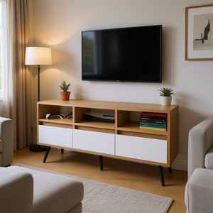 Mobile TV Picacho con 3 Cassetti e 3 Ripiani, Bianco Rovere Naturale, Stile Mid-Century Moderno per Soggiorno - Product Image 2