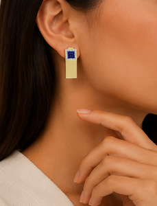 925 Sterling <b>Silver</b> Gold Plated Geometric Rectangle <b>Stud</b> Earrings with Blue Sapphire CZ and White Cubic Zirconia Modern - Product Image 3