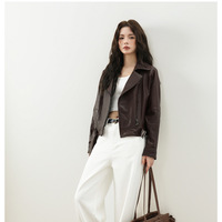 Veste moto marron haut de gamme pour femme en similicuir PU, manteau personnalisé pour l'hiver et le quotidien
