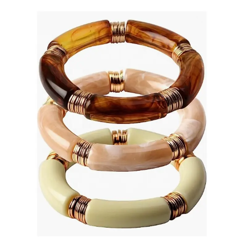 Prachtige Mode Gepersonaliseerde Nieuwe Acryl Elastische Armband Kleur Mix 8 Mm Boog Bamboe Buis Multicolor Retro Marmeren Armband
