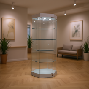 Vitrina Hexagonal de Vidrio Templado de 190 cm de Alto, Color Gris Claro, 4 Estantes, Puerta con Cerradura, Luces Halógenas - Product Image 3