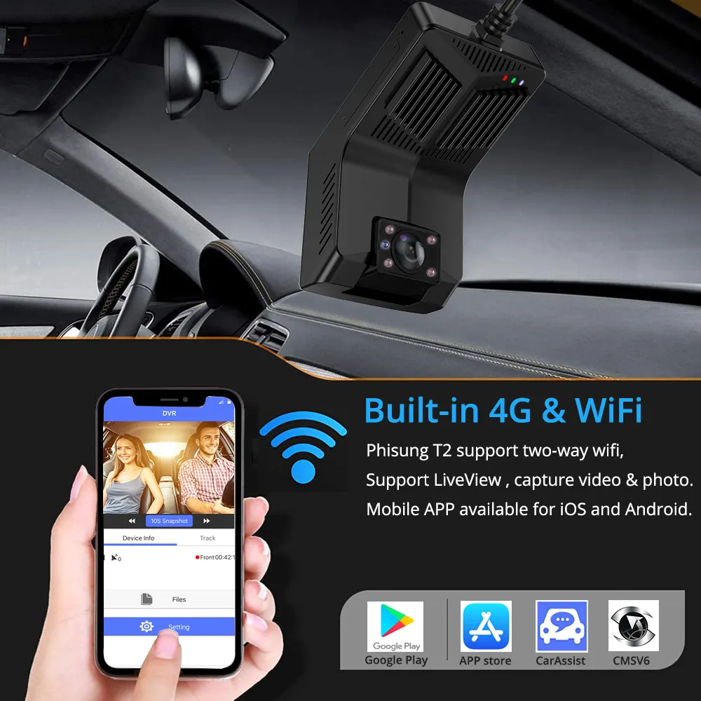 T2 ống kính kép HD1080P IR tầm nhìn ban đêm 4G xe Dashcam với Wifi GPS theo dõi phù hợp cmsv6 API có sẵn 4G Xe Dashcam