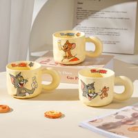Vente flash - Tasse en céramique de style vintage avec design de dessin animé Tom et Jerry, résistante aux hautes températures, en porcelaine jaune, avec couvercle et cuillère