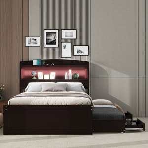 Lit escamotable marron foncé avec tiroirs et rangement intégré dans la tête de lit, tête de lit éclairée pour chambre à coucher - Product Image 2