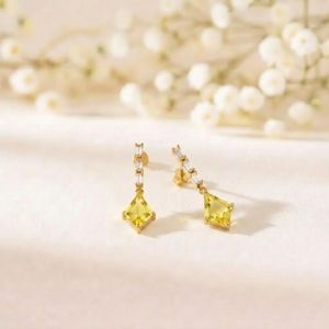 Natural Lemon Quartz Faceted Kite Shape <b>Earrings</b> with Cubic Zirconia <b>Stud</b> Drop Design in 925 Sterling <b>Silver</b> Handmade Minimalist - Product Image 2