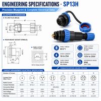 Konektor Penerbangan Tahan Air SP13H IP68 dengan Dudukan Flens, Kontak Solder 1 2 3 4 5 6 7 9 Pin, 25A 250V, Soket Kabel, Bersertifikasi CE RoHS