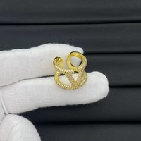 Cincin Geometris Model V Berlian Penuh - Cincin Terbuka Wanita Berlapis Emas Kuningan Zirkon/Mutiara