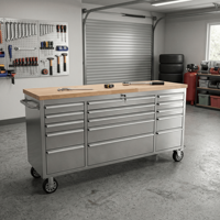 Banc de travail industriel OEM à succès avec 15 tiroirs, armoire à roulettes de 72 pouces en acier inoxydable 430 pour rangement d'atelier
