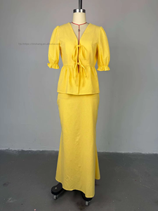 Women's Summer New <b>Bubble</b> Sleeve V-neck Tie <b>Tops</b> High Waisted Skirt 2 Piece Set Fashion - Product Image 3