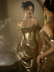 Banquet fête <span class=keywords><strong>robe</strong></span> de soirée dorée femmes élégant luxe Unique paillettes <span class=keywords><strong>robe</strong></span> d'hôte hors épaule sirène Silhouette grillage - Product Image 5