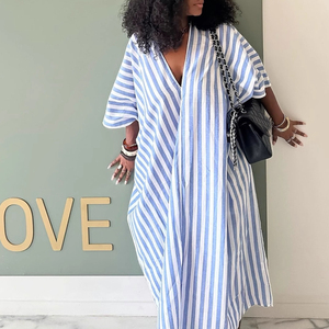 เดรสยาวทรงหลวมคอวีลายทาง แขนสั้น สไตล์ลำลอง สำหรับผู้หญิง แฟชั่นรักษ์โลก ผลิตจากวัสดุธรรมชาติ - Product Image 1