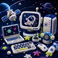 Porte-clés en peluche rétro sur le thème de l'espace et de la technologie, avec motifs d'astronaute, moniteur, satellite, fusée, planète et ordinateur