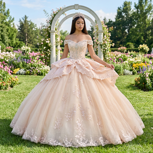 Dy5959 Puffy Ball Gown Chiffon Appliqued Sweetheart Neckline off Shoulder <b>Ankle</b>-Length Quinceanera Graduation Dresses for - Product Image 1