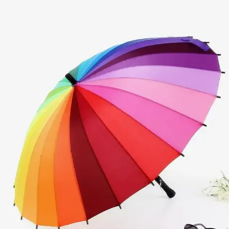 Anti-UV Sun/Rain Stick Top Quality 24k Rib Color Rainbow Fashion Long Handle Straight Umbrella Manual Big Parasol