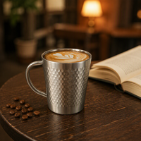 Bouteille d'eau en acier inoxydable 304 à double paroi, style coréen, 15 oz, tasse à bière, motif diamant martelé, anti-brûlure, avec poignée pour café