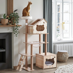 Arbres à chat en bois naturel, tour de jeu avec <span class=keywords><strong>griffoir</strong></span>, structure d'escalade intérieure pour chats, hamacs - Product Image 4