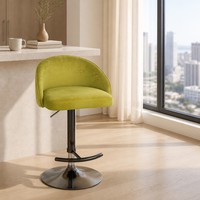 Tabouret de bar pivotant Sage en velours, dossier cannelé, hauteur réglable, base circulaire noire, repose-pieds, style lounge