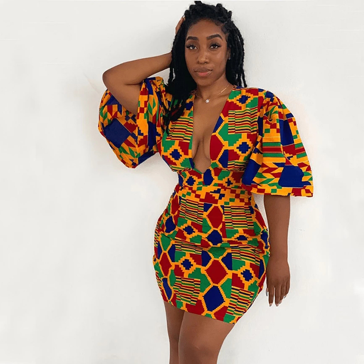 2022 New Fashion V Neck Africa Short Sleeve Women Clothes African Print Skirts And Dresses Short African Dresses For Women