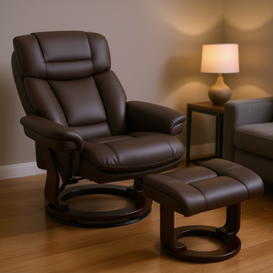 Sillón reclinable giratorio de cuero PU marrón oscuro con otomana, silla reclinable manual para sala de estar y dormitorio - Product Image 2