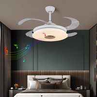Ventilateurs de plafond rétractables modernes de 48 pouces avec haut-parleur, lecteur de musique, lustre, ABS blanc mat, 3 vitesses, faible bruit, télécommande