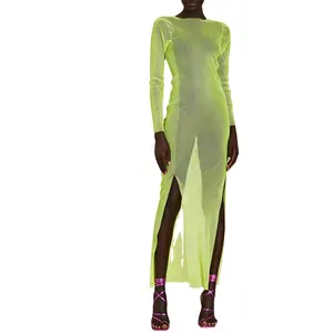 Abiti Sexy In rete di diamanti da donna See Through Glittery Club Party Luxury strass arabo Maxi abito trasparente impreziosito In verde - Product Image 1