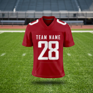 Maillot de football américain rouge personnalisé pour homme, col en V, manches courtes, impression par sublimation, nom de l'équipe, 28, polyester respirant, coupe régulière pour adulte - Product Image 3