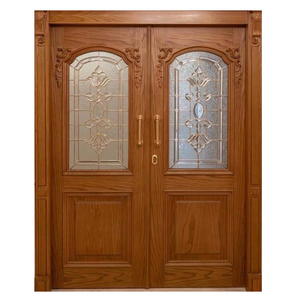 Puerta de Entrada de Madera Sólida GA-43G con Diseño Curvo Contemporáneo y Vidrio Teñido, Doble Moldura Abatible para Villa - Product Image 4