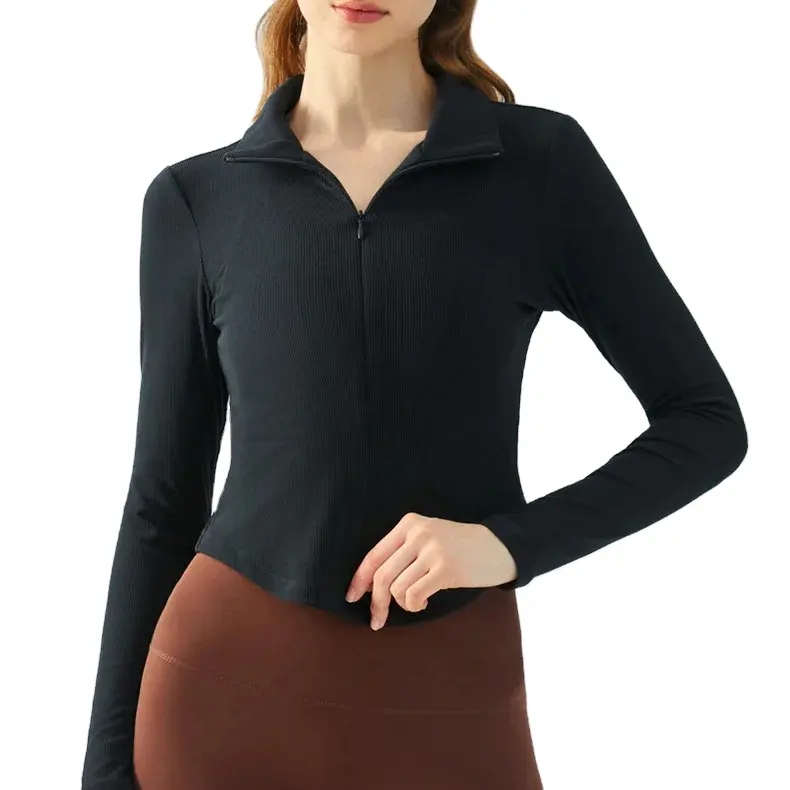 Nouveau YKK avant fermeture éclair confortable Compression raccord femmes manches longues côtelé vestes Nylon Spandex