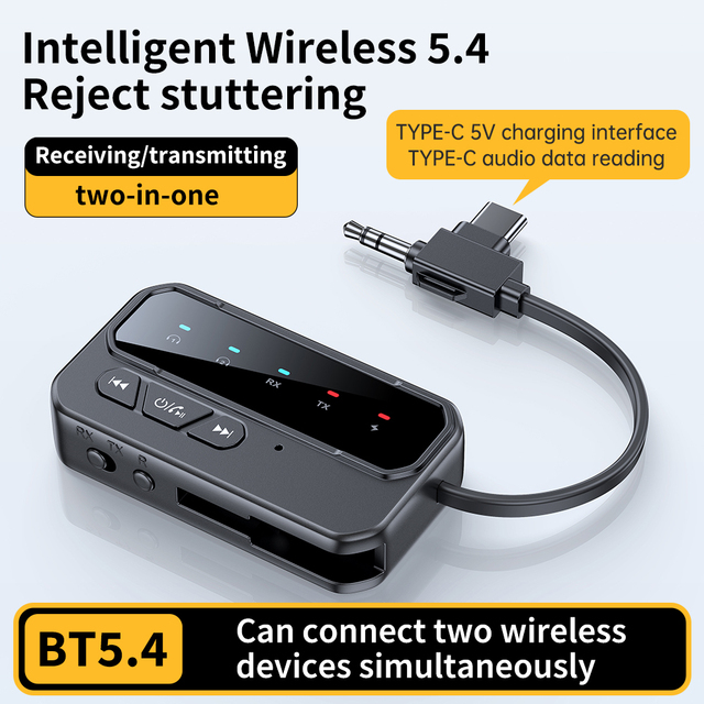 New 2 in 1 for Wireless BT5.4 Audio Receiver Transmitter with 3.5MM AUX Music Wireless Adapter for Airplane PC TV Car Speakers