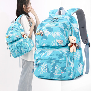 Cute Blue Camouflage Student <b>Backpack</b> For Girls With Multiple Pockets And Teddy Bear Charm Fashion Day <b>Backpack</b> 15 Inches - Product Image 1