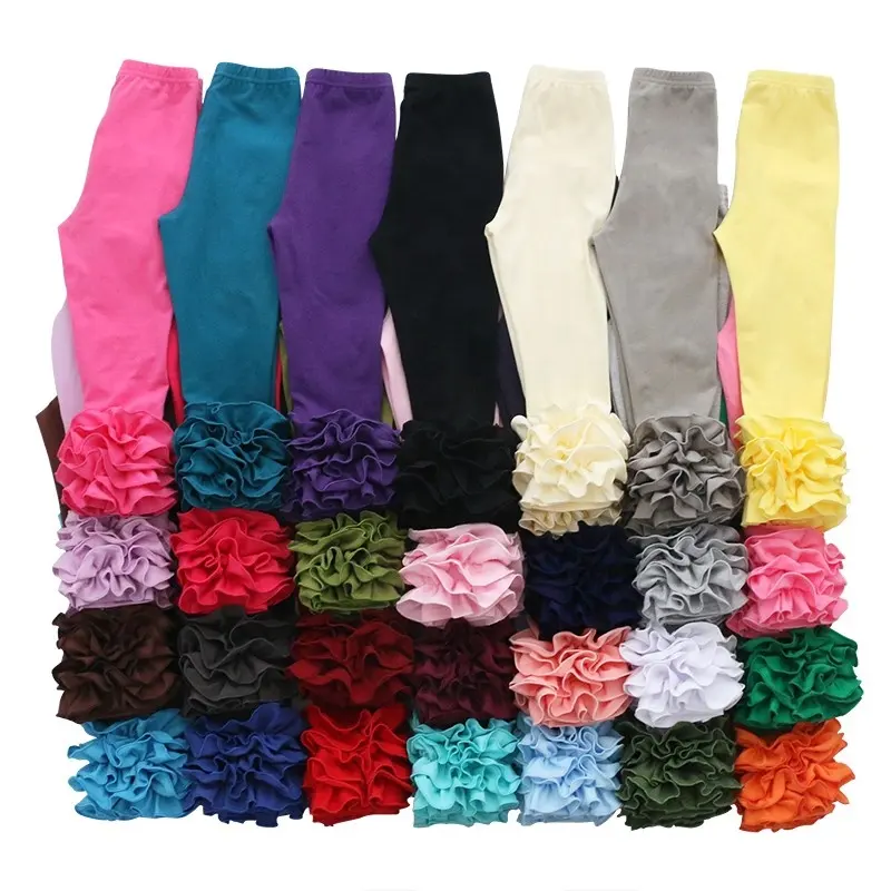 Boutique Children Clothes Girls Solid Color Cotton Triple Icing Ruffle Pant Icing Baby Leggings OEM Service Knitted YARN DYED