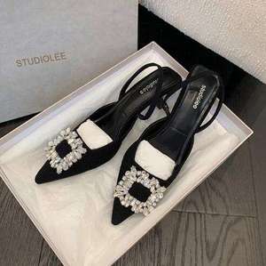 Women's <b>Pointed</b> Toe Heels Crystal Buckle Heeled Shoes Fashion Rhinestone Slingbacks Short Heel Sandals - Product Image 3