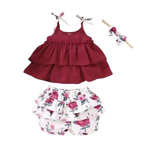 Children Wear Layers of Ruffle Suspender Top Floral Printed Shorts Polyester <b>Toddler</b> Girl Clothes - Product Image 5