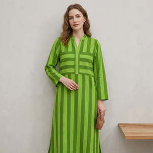 Robe Kaftan en Coton Rayée à Col Plissé pour Femme, Col en V, Coupe Décontractée, Sans Manches, Longueur Ras du Sol, Coupe Trapèze, Style Boutique, Usage Quotidien - Product Image 1