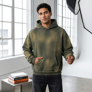 Sweat-shirt à capuche oversize pour homme, effet délavé, style streetwear, avec poche, vert olive - Product Image 1