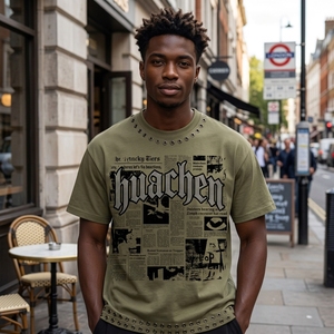 T-shirt <span class=keywords><strong>de</strong></span> luxe 280 g/m² pour homme, avec œillets métalliques, motif graphique en strass, imprimé journal, streetwear, personnalisable, marque privée, OEM - Product Image 3